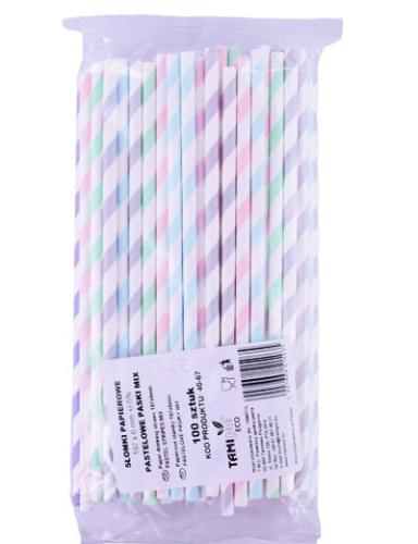 Słomki papierowe PASTEL PASKI MIX KOLOR  200x6mm / 100 szt 