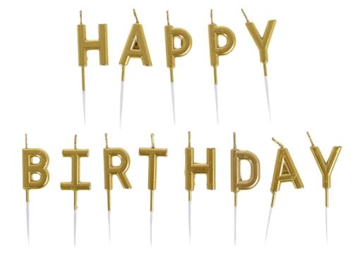 Świeczki urodzinowe na tort napis HAPPY BIRTHDAY złoty  13szt
