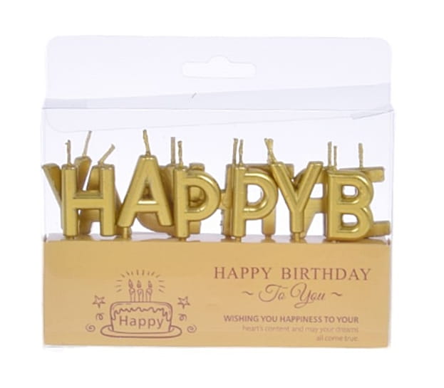 Świeczki urodzinowe na tort napis HAPPY BIRTHDAY złoty  13szt-4b56c0b1b7f5c10a7e253d2a8cc7c767