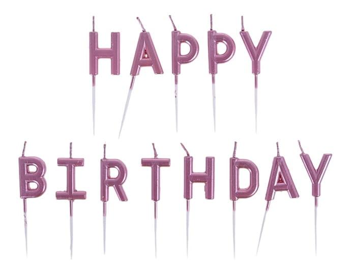 Świeczki urodzinowe na tort napis HAPPY BIRTHDAY różowe złoto 13szt-7ee72bc93a8b3a38aedbe0f68bebee64