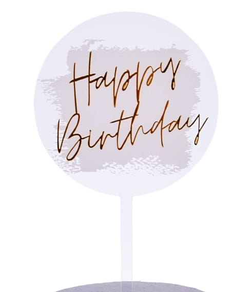 Topper akrylowy transparentno biały ze złotym napisem  Happy Birthday-955efd366764c3a322e9a81a2224c6e2