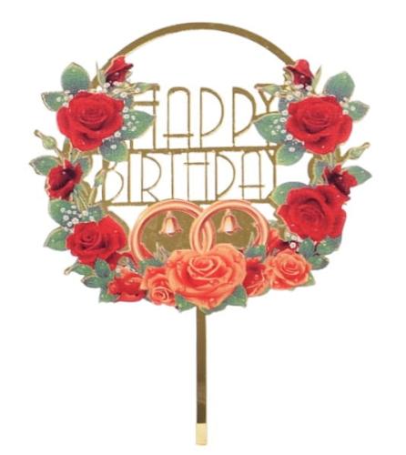 Topper akrylowy na tort Happy Birthday Róże-795a59ebf475003ac800c8f20ae9c352