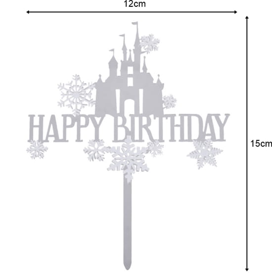 Topper na tort Happy Birthday Zamek srebrny akrylowy-cc3dc5955034457c53e90d194bcc9abe