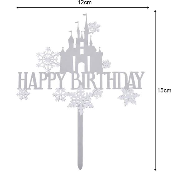 Topper na tort Happy Birthday Zamek srebrny akrylowy-cc3dc5955034457c53e90d194bcc9abe