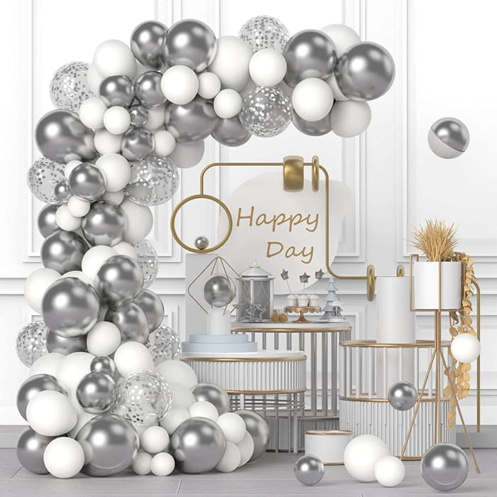 Girlanda balonowa srebrno biała zestaw 112 szt balony taśma-6e5b832c807bfd4a06e75b7abcaa10a6
