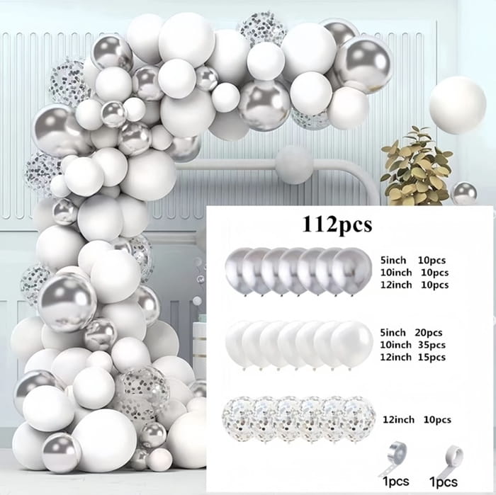 Girlanda balonowa srebrno biała zestaw 112 szt balony taśma-7ce7fea39ea7307dbb3b270550b934f3