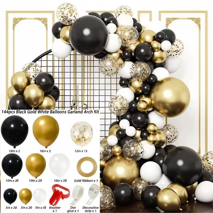 Girlanda balonowa złoto czarno biała  zestaw 144szt balony taśma-49a619e28e005bccaf0c2a24e5a74623