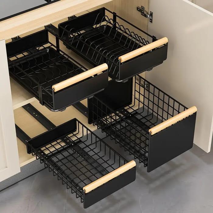 Metalowy organizer kuchenny z ociekaczem łazienkowy wysuwany szuflada czarny 41x26x13cm-85231f63b8b9b8f5259aa30c759183a2