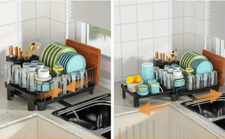 Regulowana suszarka do naczyń z ociekaczem i odpływem czarna-47f33db073e627d61e2ff18726d7391d