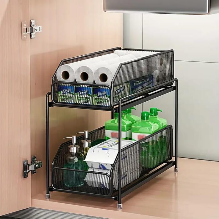 Kosz organizer kuchenny łazienkowy 2-poziomowy z metalu  czarny regał-54a0cb782c5225be1f234d484abd285b