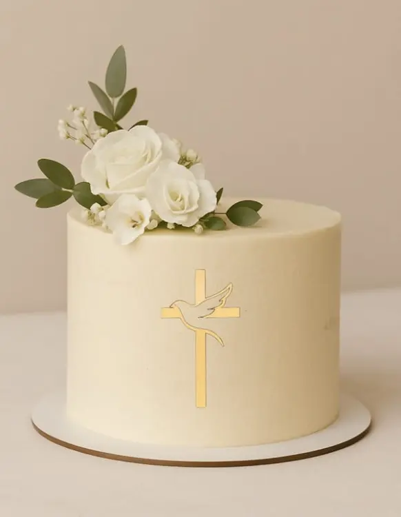 Topper na bok  tortu  KRZYŻ z GOŁĄBKIEM złoty akrylowy 8 cm Komunia Święta-75583dd87539a6f78a50a1dd1c4f4057