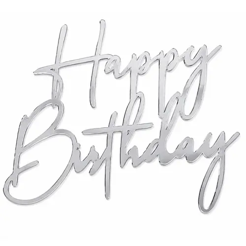 Topper akrylowy na bok tortu Happy Birthday Srebrny  wz3