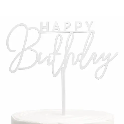 Topper akrylowy na tort  Happy Birthday biały