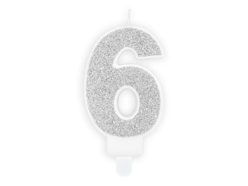 Świeczka  cyfra  "6" Srebrna Brokatowa