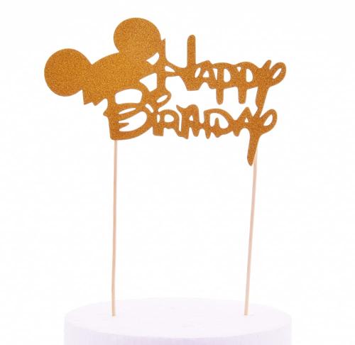 Topper Happy Birthday MYSZKA złoty brokat