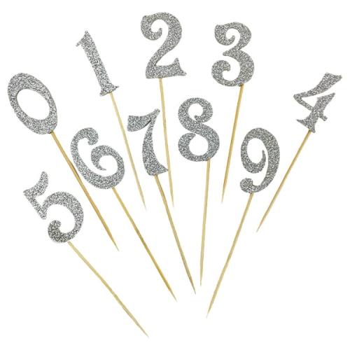 Toppery na tort SREBRNE BROKATOWE cyfry 0-9 zestaw topper