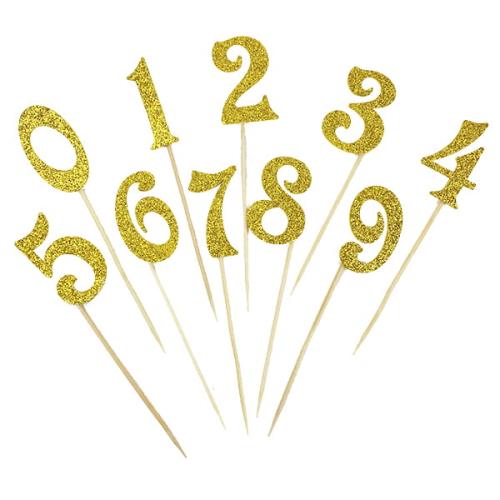 Toppery na tort ZŁOTE BROKATOWE cyfry 0-9 zestaw topper