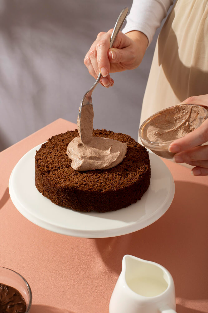 nakładanie czekoladowego kremu na tort